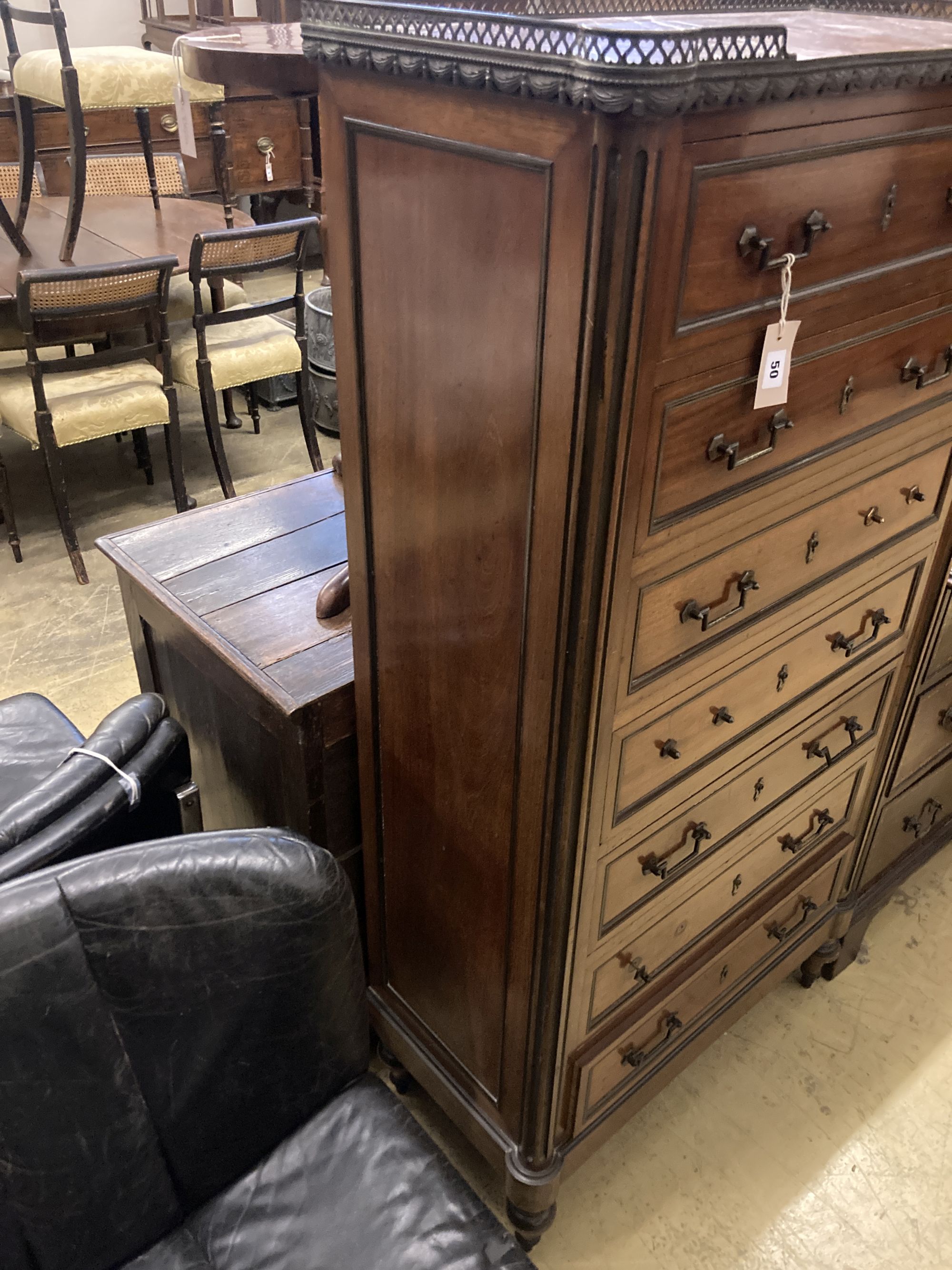A late 19th century French marble topped mahogany semanier, width 74cm depth 38cm height 146cm
